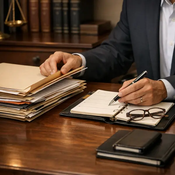 Acompanhamento jurídico com dossiês e agenda de trabalho, sem rostos visíveis