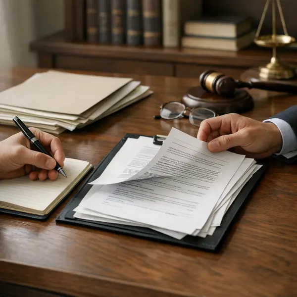 Documentos jurídicos a ser analisados sobre uma secretária, sem rostos visíveis