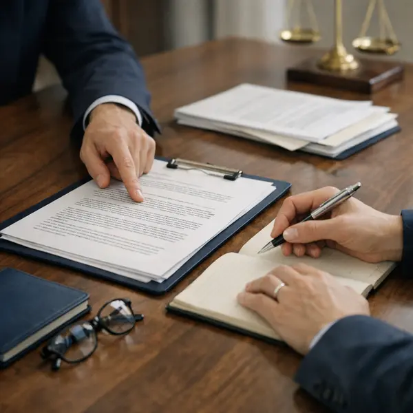 Explicação de documentação jurídica numa reunião, sem mostrar rostos