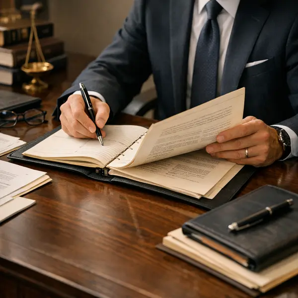 Planeamento de estratégia jurídica com documentos e apontamentos, sem rostos visíveis